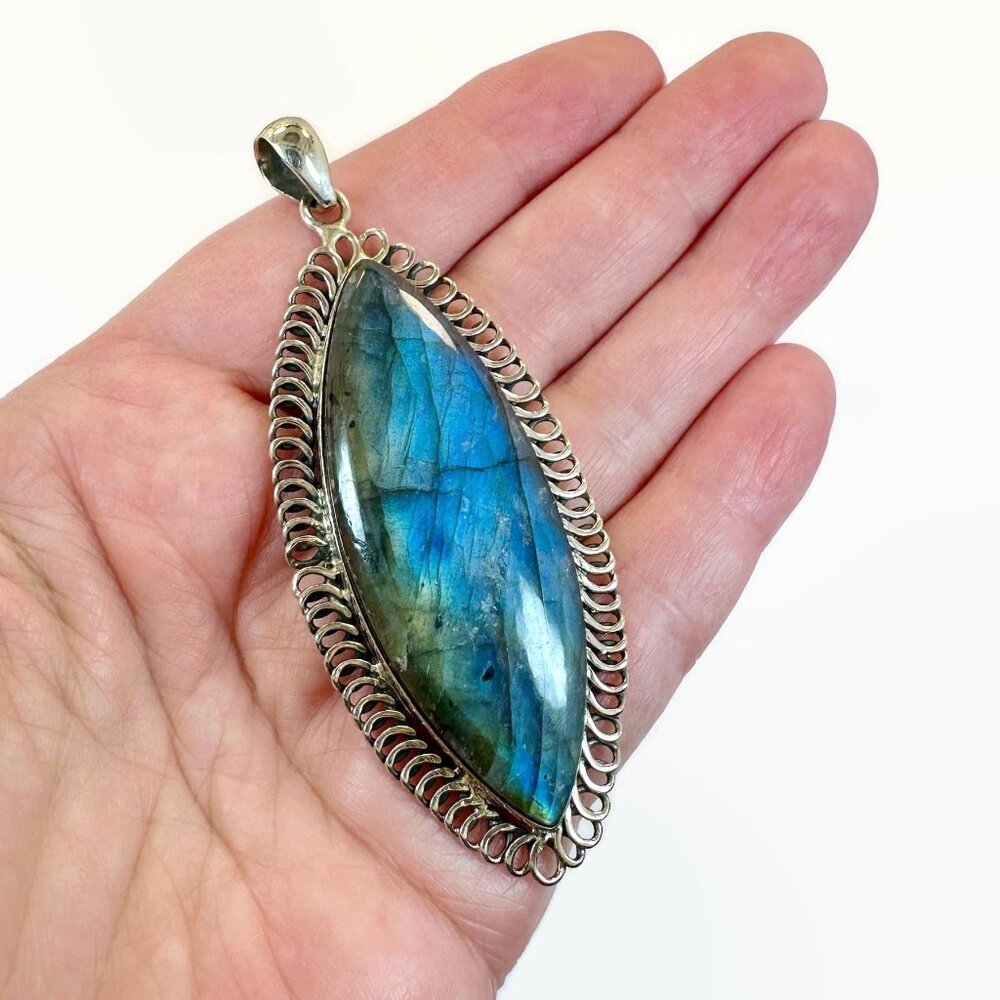 Labradorite Pendant, Sterling Silver, Artisan, Blue,Large Stone, Handcrafted, 3" - Picture 2 of 4